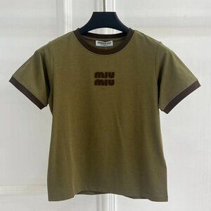 Miu Miu Olive Green Color-Blocked Flocked Logo Short-Sleeve T-Shirt